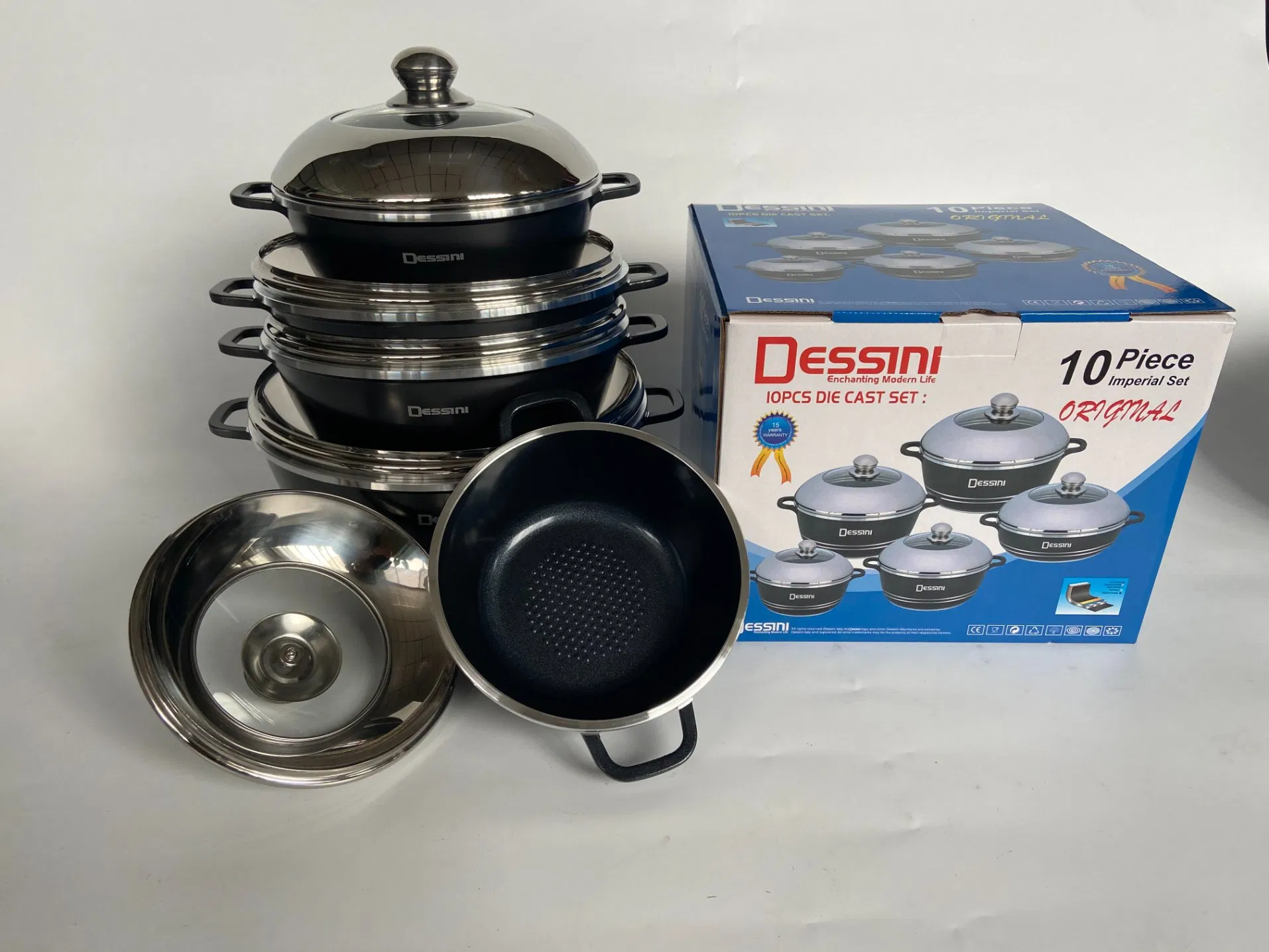 Hot Selling Die Cast Aluminum Non Stick Dessini 10 PCS Cookware Sets with 2 in 1 S/S Covers