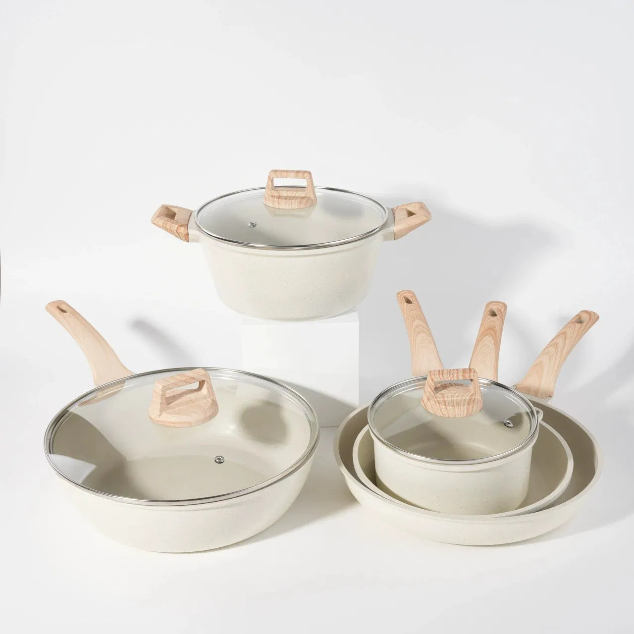 Aluminum Alloy Non Stick Ceramic Cookware Set with Wooden Style Handles Frying Pan Saucepan Pot with Glass Lids