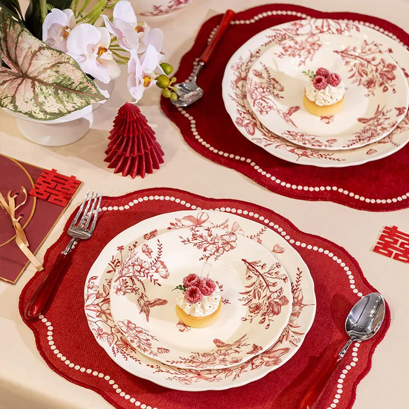 Wedding Ceramic Plate Set in Red, Including 10-Inch Flat Soup Bowl and Casserole Dish, with Soup Spoon - Complete Red Ceramic Set
