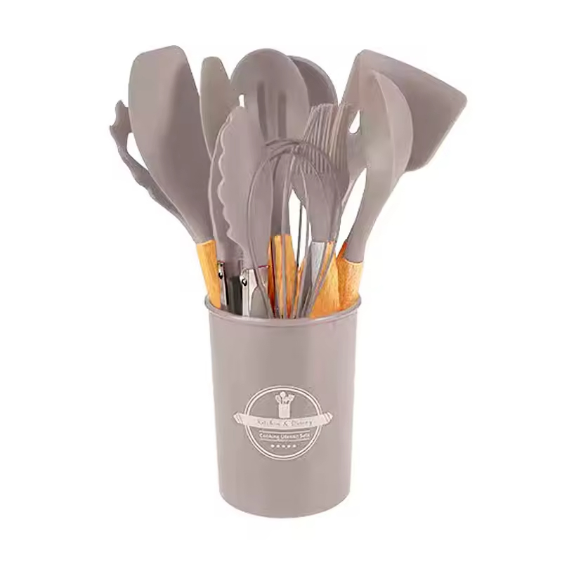12 Pieces Silicone Kitchen Accessories Cooking Cookware Set Kitchenware Silicone Kitchen Utensils with Wooden Handles