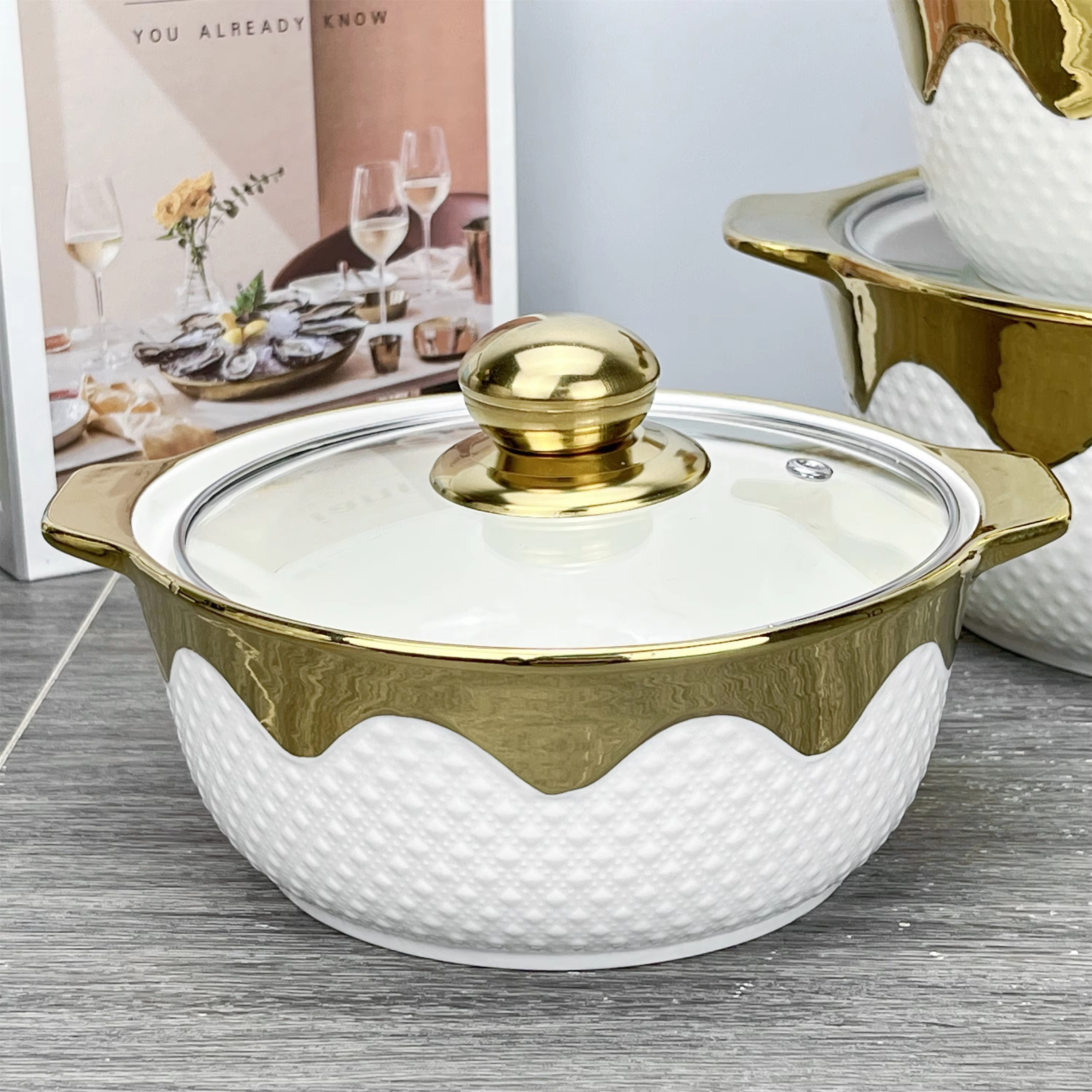 Light Luxury Cover Stock Pot Set Modern Design Ceramic Mixing Bowl Set Multifunctional Porcelain Soup Pot Set With Glass Lid