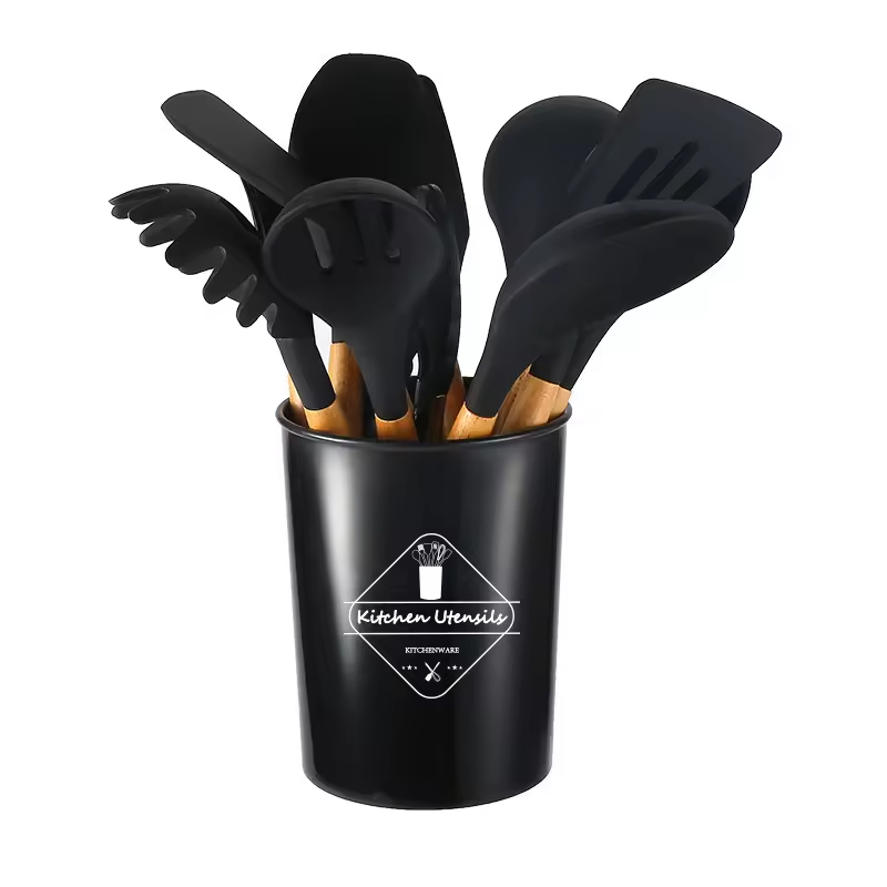 12 Pieces Silicone Kitchen Accessories Cooking Cookware Set Kitchenware Silicone Kitchen Utensils with Wooden Handles