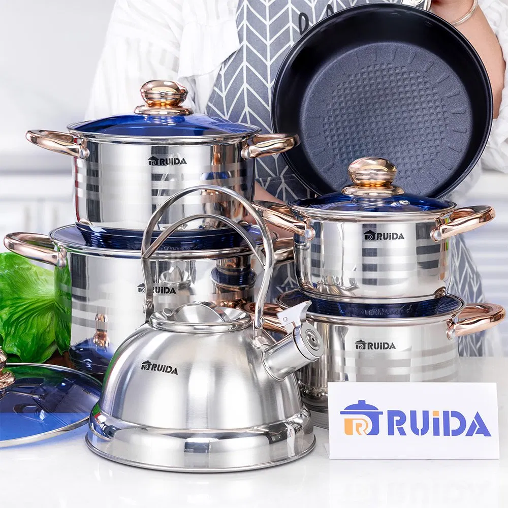 Best Selling 12PCS Blue Glass Lid Copper Handle Stainless Steel Cookware Set
