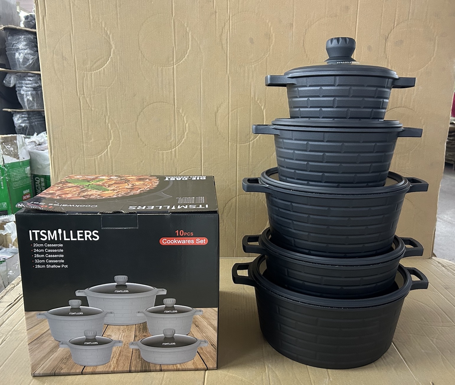10 Piece Set Full Die Cast Pots and Pans Non Stick Granite Coating Brick Design Casserole Shallow Pot Professional Chef