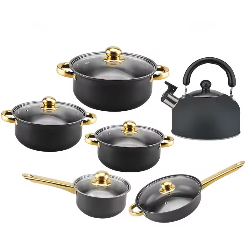 12 PCS Stainless Steel Cooking Pans Set Fast Shipment Non-Stick Kitchen Cookware Soup Stock Pots and Frying Pan