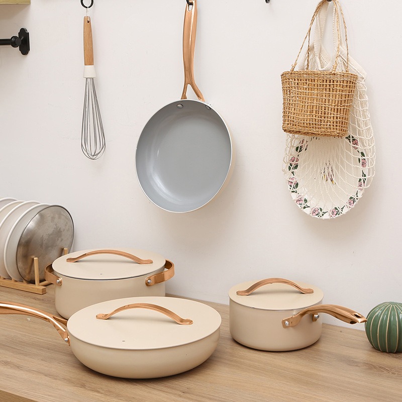 High-Temp Resistant Cookware Set 26-28cm Deep Fry Pans 18-24cm Stock Pots With 3 Lids Industrial-Grade Ceramic Coating