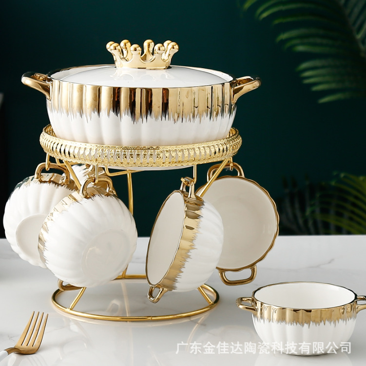 SS51 4 Color Nordic Ceramic Soup &amp; Stock Pots Luxury Soup Tureen Porcelain Soup Set With Stand