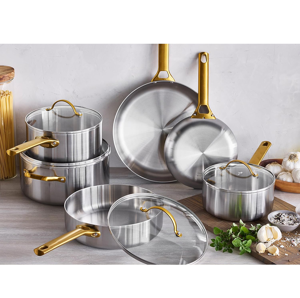 High Quality Kitchenware Casserole Saucepan Frying Pan Triply Stainless Steel 10 PCS Cookware Set Dishwasher &amp; Oven Safe