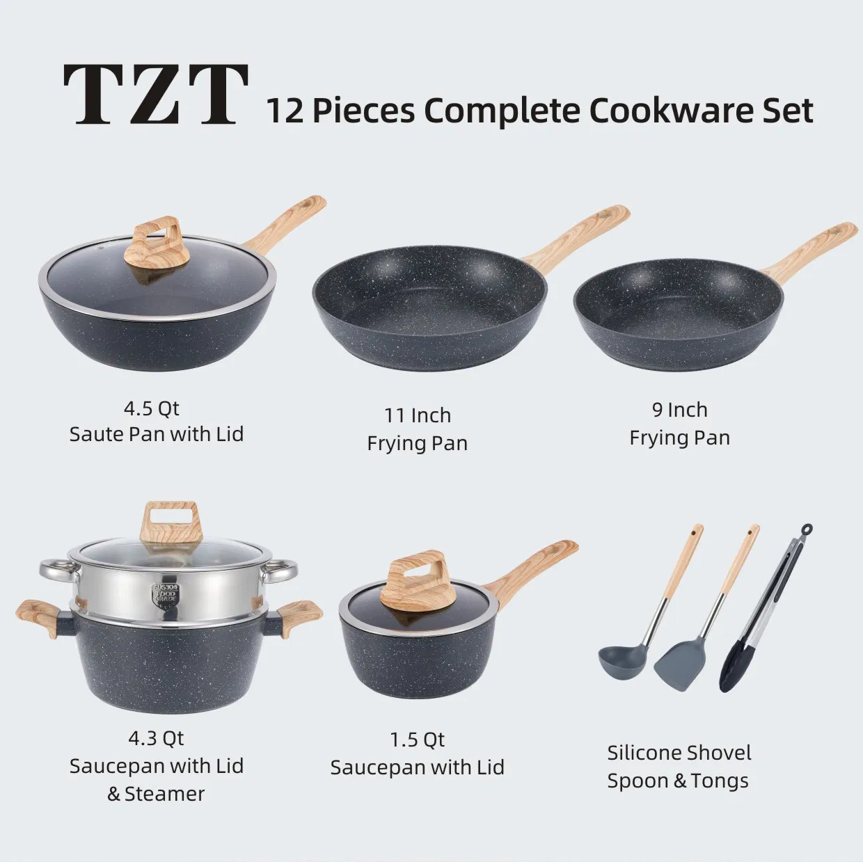12PCS Granite Black Marble Nonstick Aluminum Pans and Pots Cookware Set