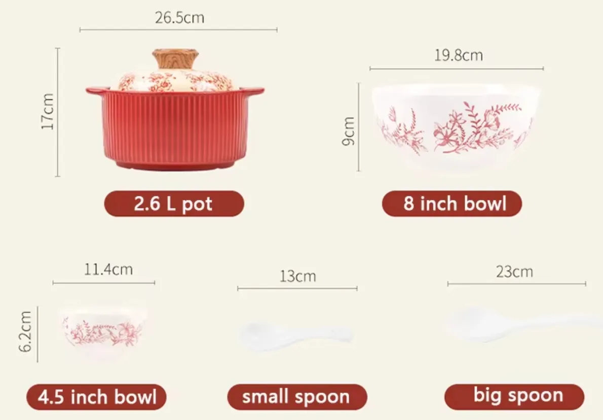 Wedding Ceramic Plate Set in Red, Including 10-Inch Flat Soup Bowl and Casserole Dish, with Soup Spoon - Complete Red Ceramic Set