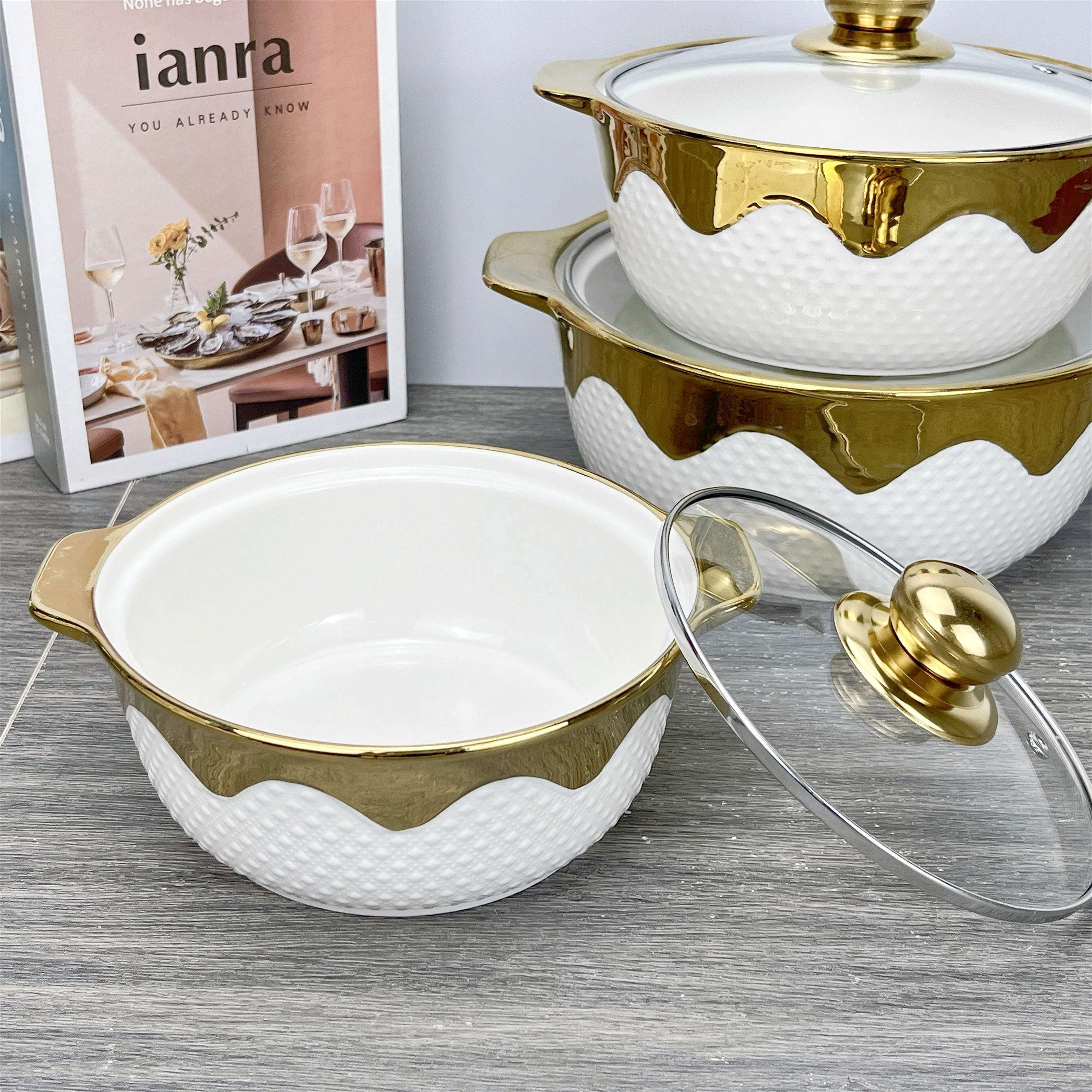 Light Luxury Cover Stock Pot Set Modern Design Ceramic Mixing Bowl Set Multifunctional Porcelain Soup Pot Set With Glass Lid