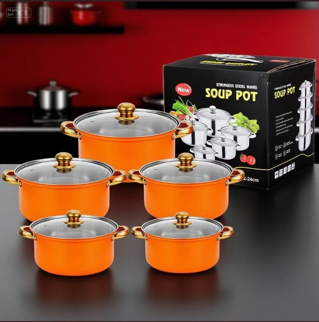 10-Piece Modern Sustainable Stainless Steel Colorful Cookware Set Glass Cover Dishwasher Oven Safe Gas Induction Ready Kitchen