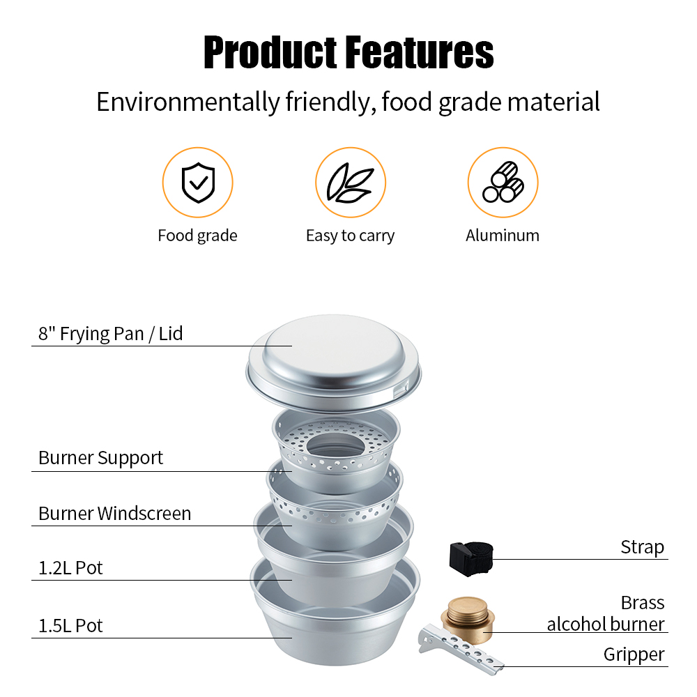 1.2L/1.5L Lightweight Frying Pans Pot Stacking Silver Aluminum 8-Piece Camping Cookware Set with Integrated Alcohol Stove