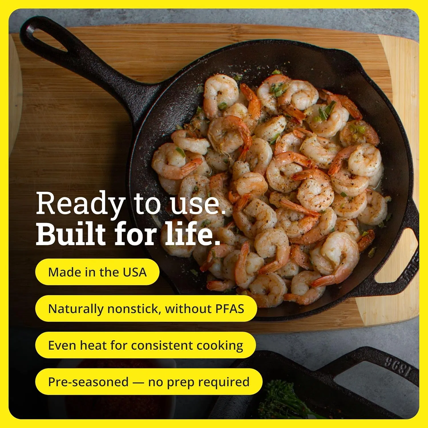 Seasoned Cast Iron Skillet 10.25 Inches - Pfas-Free, Non-Toxic Cookware - Use with an Oven, Stove, Grill, or Campfire - Naturally Non-Stick &amp; Oven Safe