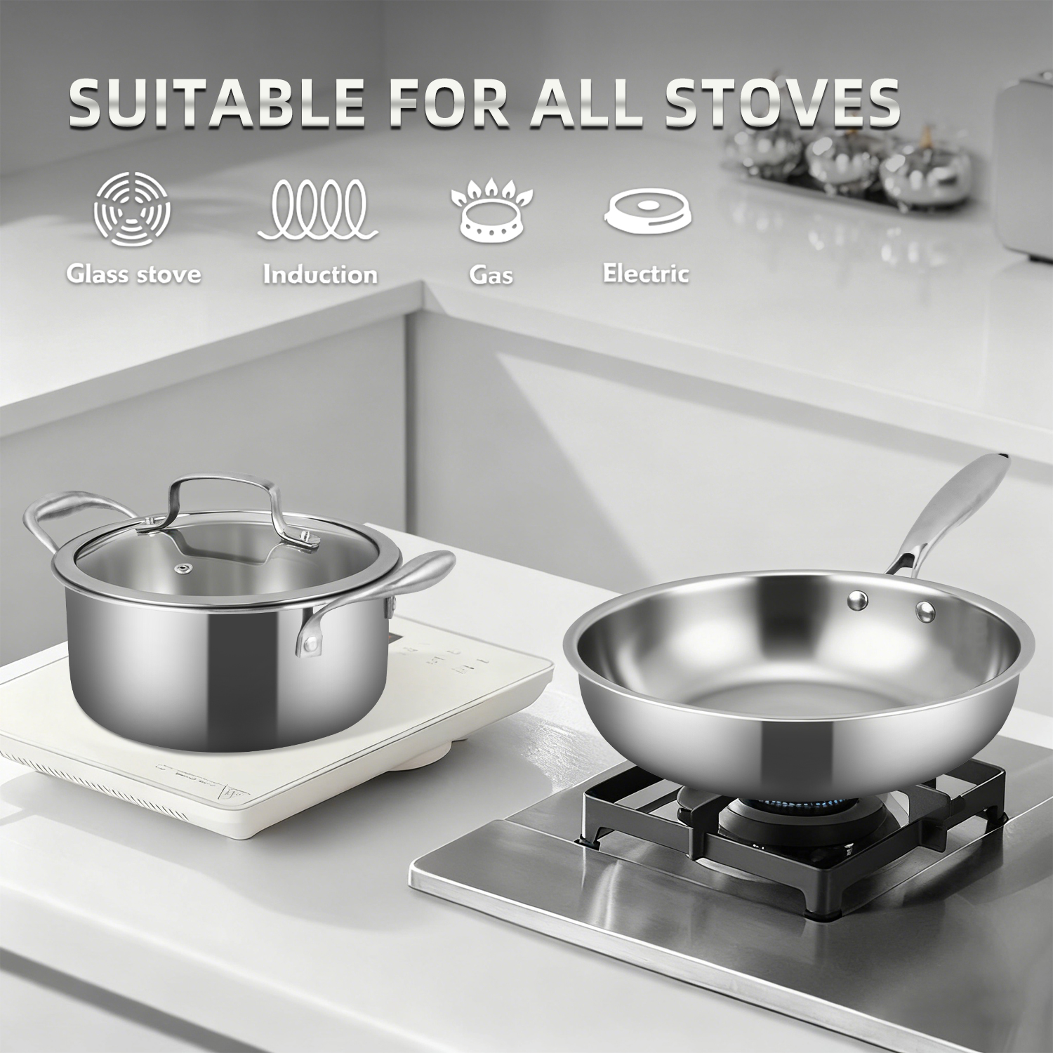 11pcs Non Toxic No Coating Induction Tri-Ply 18/8 304 Stainless Steel Cookware Set Pots and Pans Set Dishwasher Oven Safe