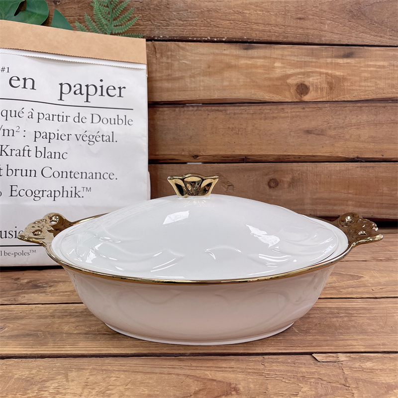 Good Quality Gold Rim Double Ears Stock Ceramic Soup Pot Dinner Set