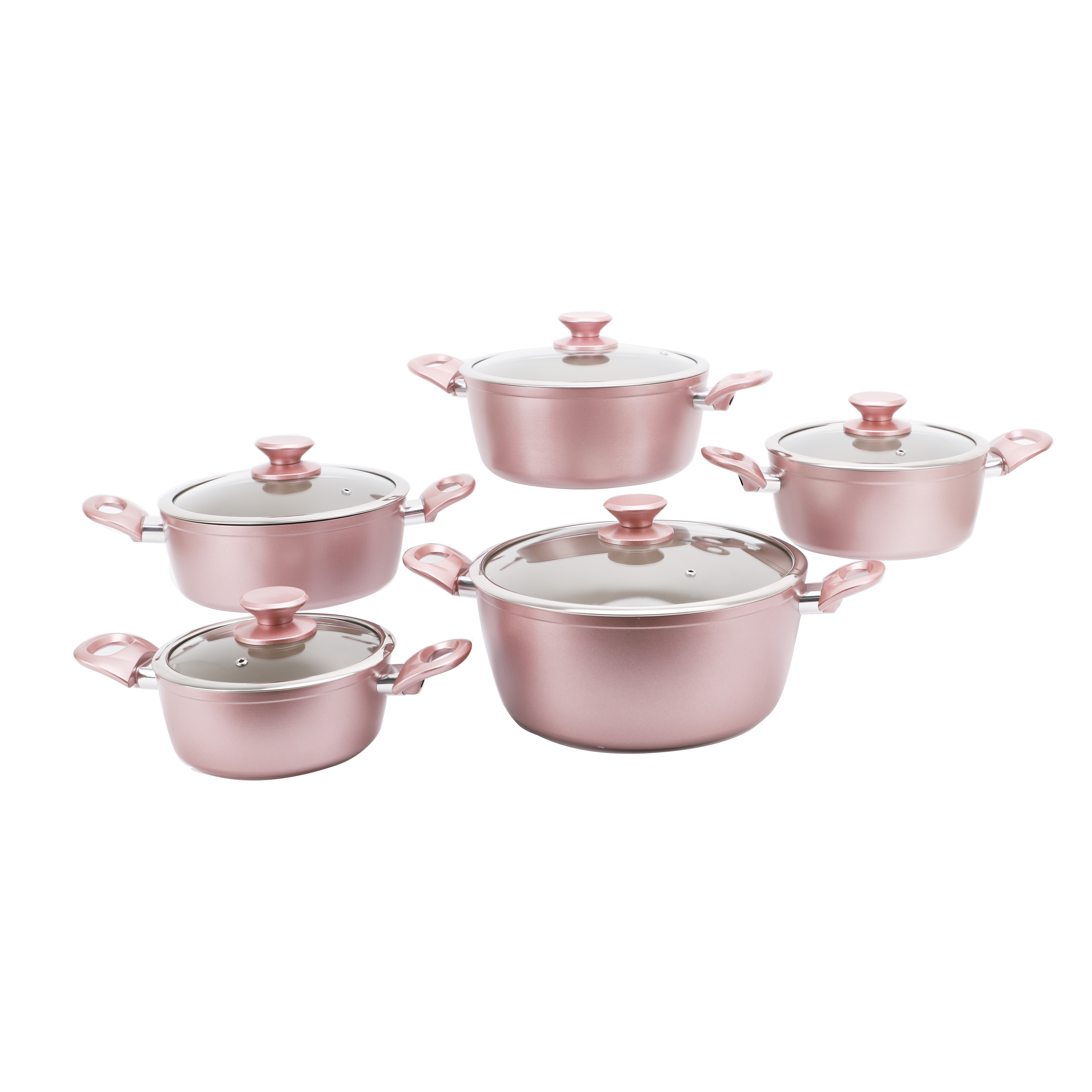 Home Cooking Kitchenware Set 10PCS Pink Nesting Ceramic Nonstick Stock Pots Set for All Cooktop