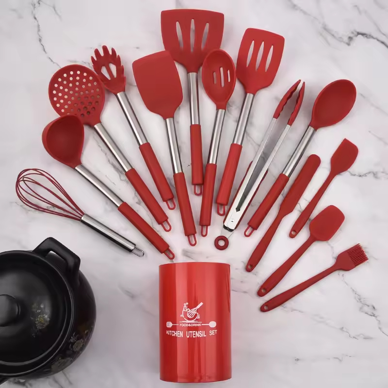 15 PCS Heat Resistant Non-Stick Kitchen Tool Cookware Silicone Cooking Utensils Sets with Stainless Steel Handle