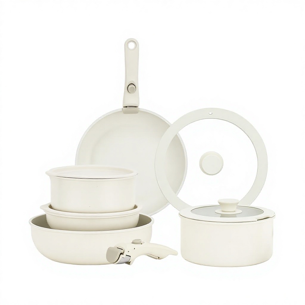 11-Piece New Chinese Style Induction Compatible Detachable Handle Non-Stick Cookware Set 430 Stainless Steel Bottom Silicone
