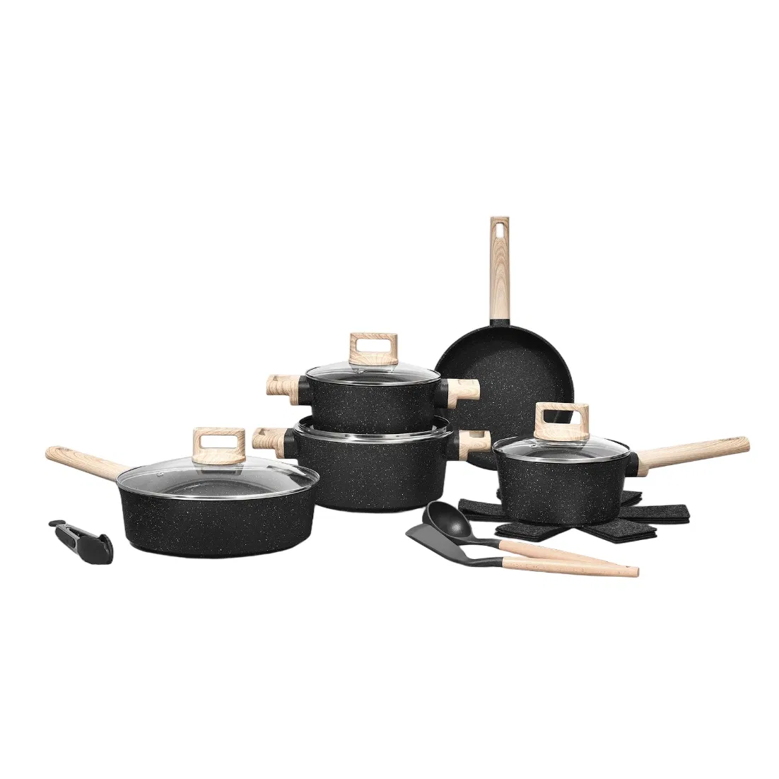 BSCI Manufacturer Ms-C Granite Black Marble Nonstick Cookware Set