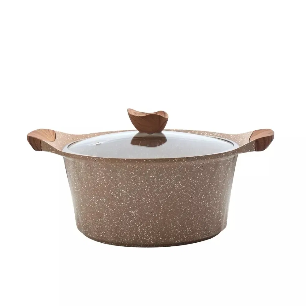 High Quality Hot Seller Die-Cast Cookware Set with Glass Lid and Wooden Soft Touch Handle Stone Marble Aluminum Cookware with Induction Bottom