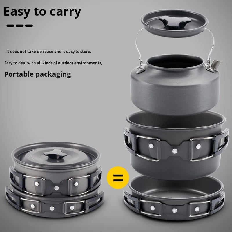 Camping Cookware Set 3-Piece Food Grade Aluminum Stackable Lightweight 800g Portable Outdoor Cooking Pot Kettle Frying