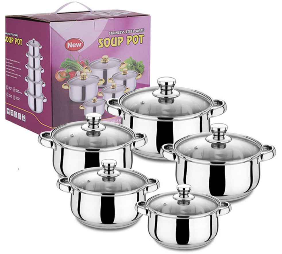 Factory Direct Sale Stainless Steel American High Pot Set 5 Piece Stockpot Kitchen Ware Cookware Set with Glass Lid