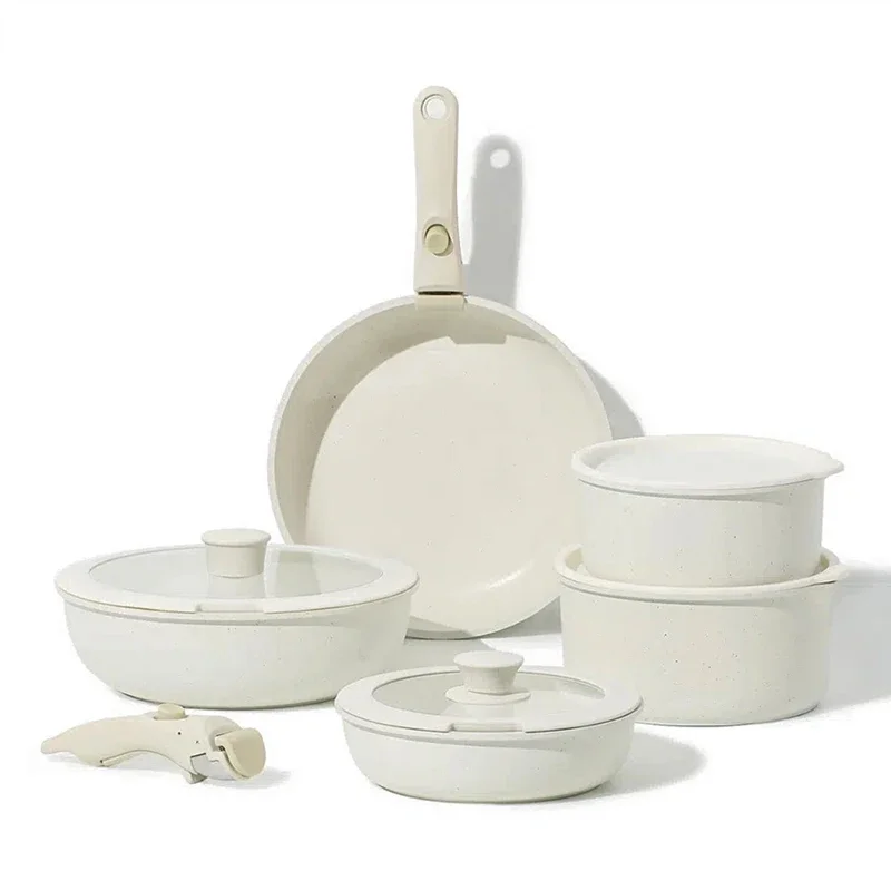 11pcs Eco-Friendly Non-Stick RV Kitchen Cookware Set Pots Pans Detachable Handle Oven Safe Induction Ready Stackable Ceramic