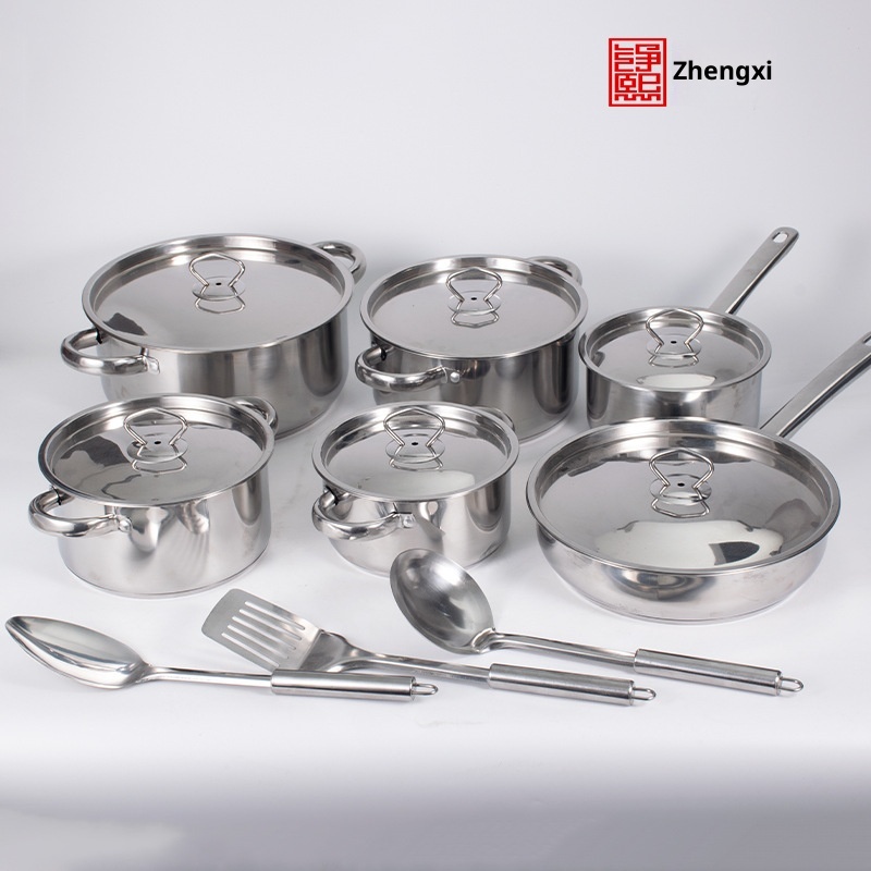 Modern 15-Piece Stainless Steel Multi-Pot Set Soup Frying Pan Gas Induction Compatible Oven Safe Sustainable Dishwasher Cookware