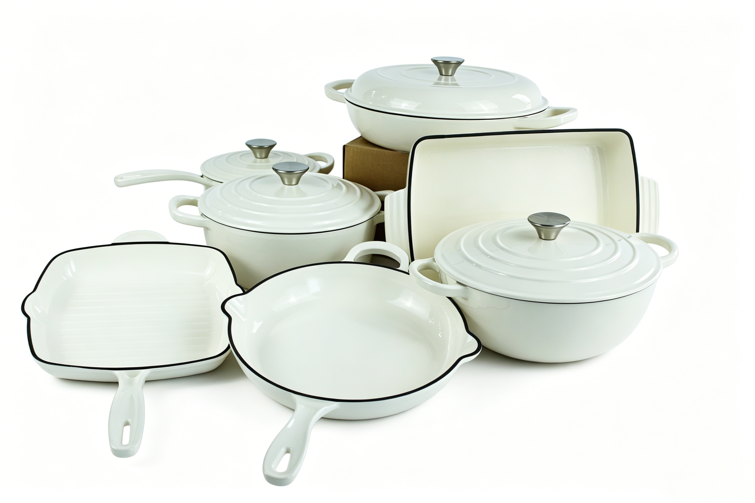 In Stock 7 Pieces White Enamel Cast Iron Cookware Set, Non Stick Pot Pan Combo, Heat Resistant &amp; Oven Safe For Home Kitchen