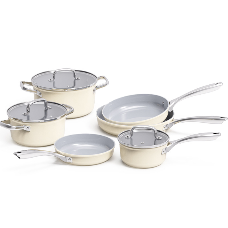 Wholesale 6PCS Ceramic Non Stick Pressed Cookware Set with Stainless Steel Handle