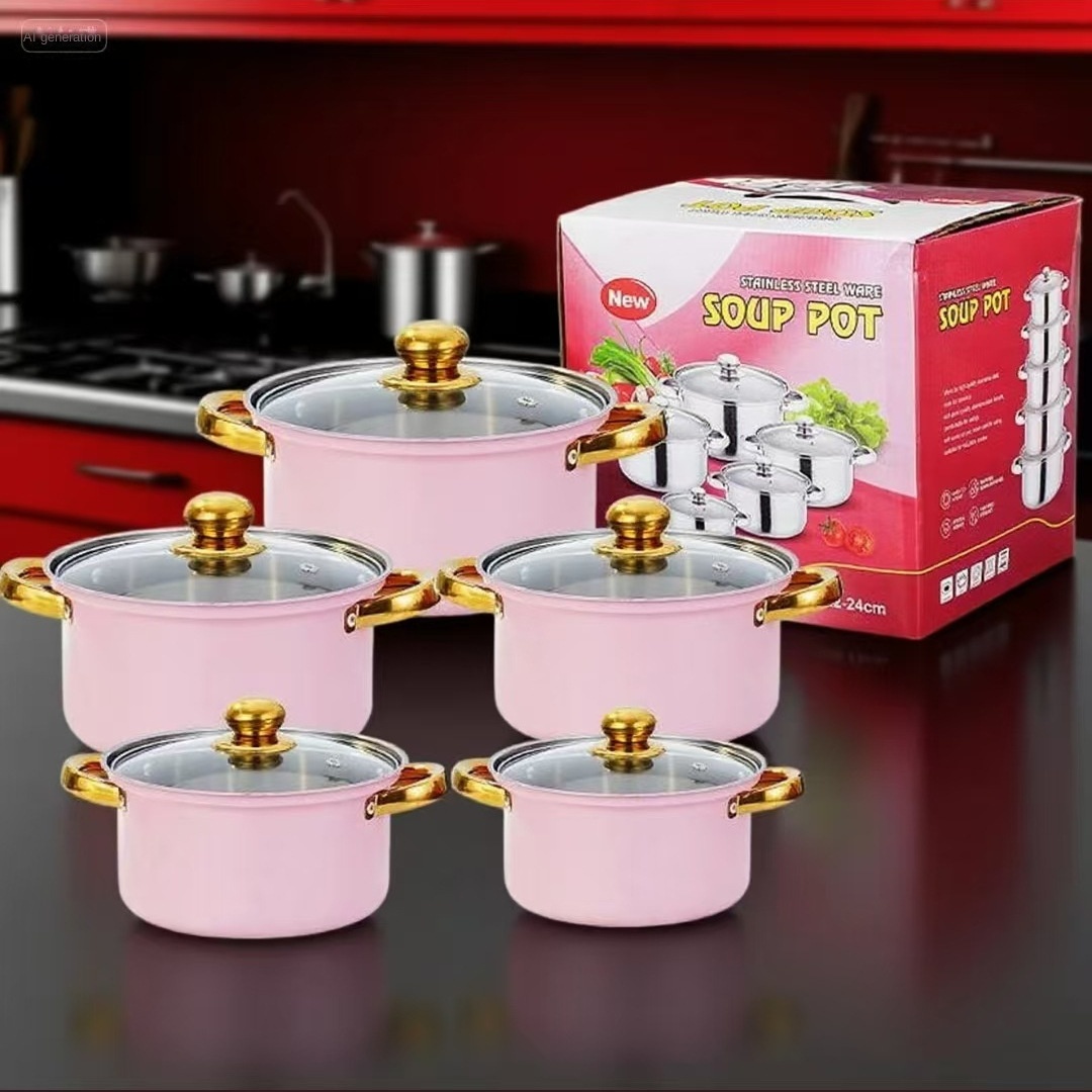 10-Piece Modern Sustainable Stainless Steel Colorful Cookware Set Glass Cover Dishwasher Oven Safe Gas Induction Ready Kitchen