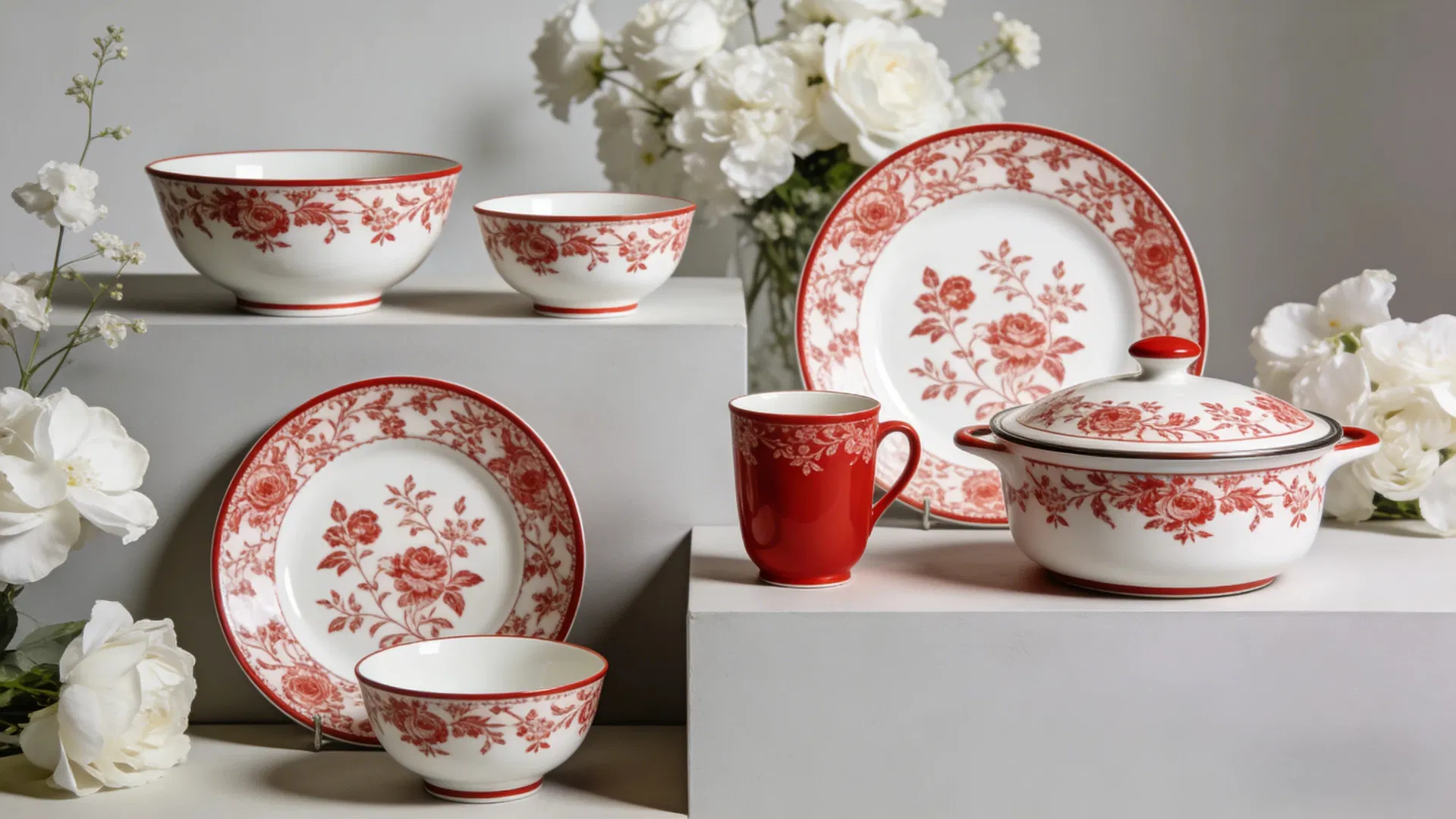 Wedding Ceramic Plate Set in Red, Including 10-Inch Flat Soup Bowl and Casserole Dish, with Soup Spoon - Complete Red Ceramic Set