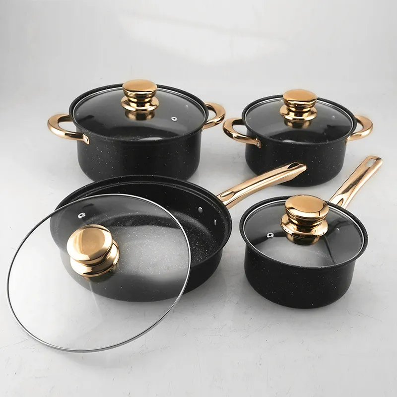 9PCS Ceramic Stone Cookware Set Wholesale Non-Stick Frying Pans with Golden Handles