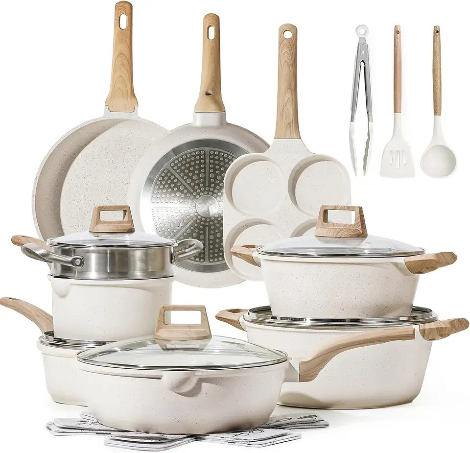 Factory Beige Ceramic Cooking Pot Casserole Cookware Set Fry Pan Kitchen Aluminium
