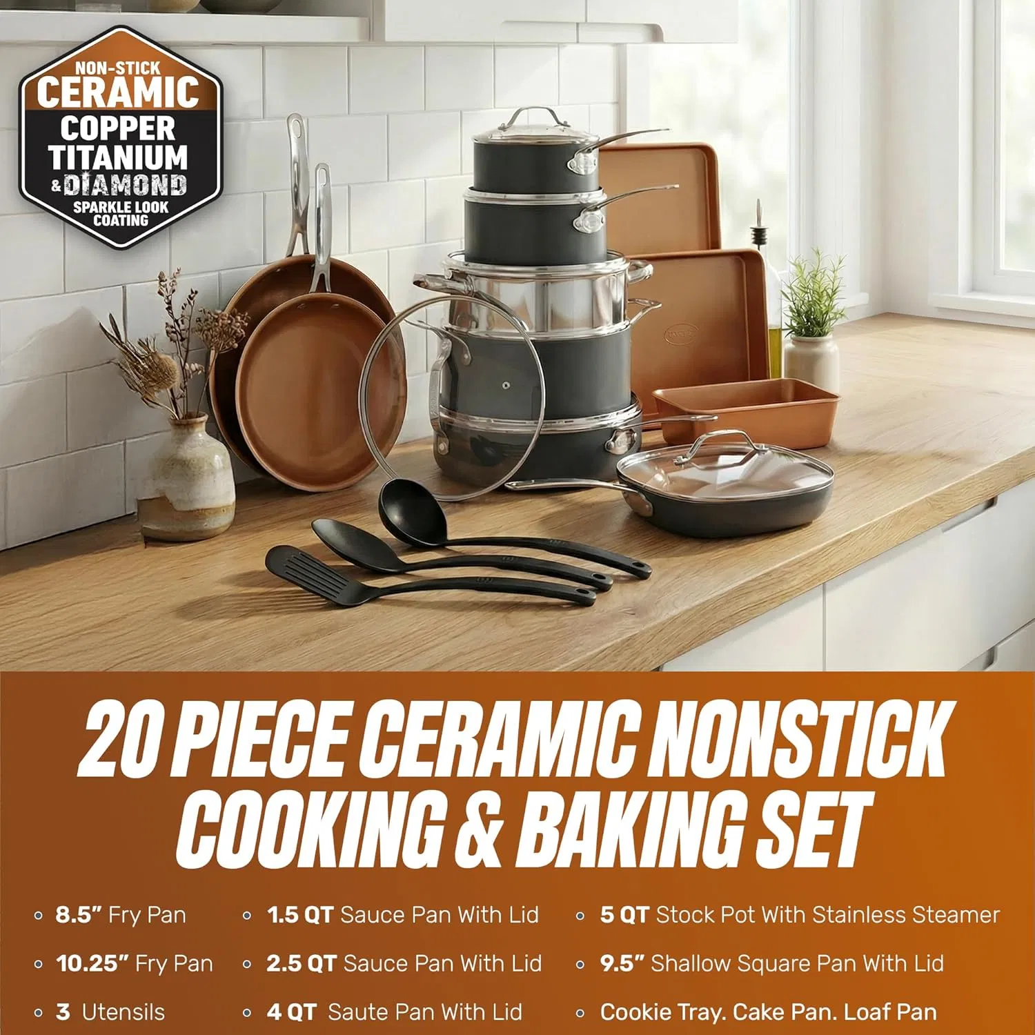 20 PC Ceramic Cookware Set, Copper Pots and Pans Set Non Stick with Bakeware, Cooking Utensils, and Steamer, Oven and Dishwasher Safe
