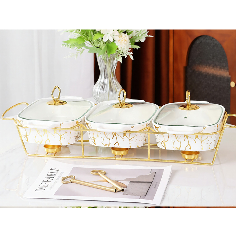 Hot Household Cutlery Heated Stockpot Set Food Warmer Sets of 3 Baking Pan Porcelain Three Compartment Ceramic Black Rectangle