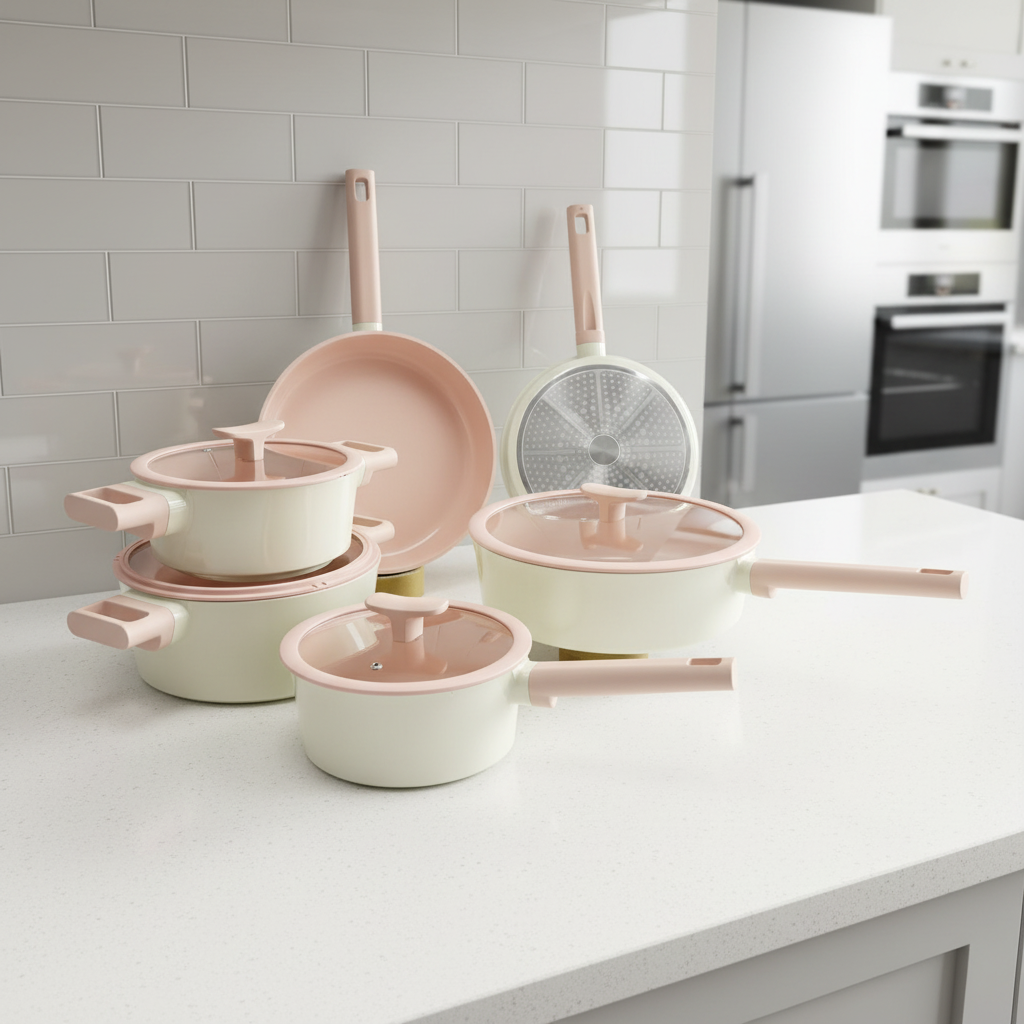 Pinkish White Marble Modern Design Aluminium Durable Eco-Friendly Healthy Non-Stick Multi-functional Cookware Set 10-Piece