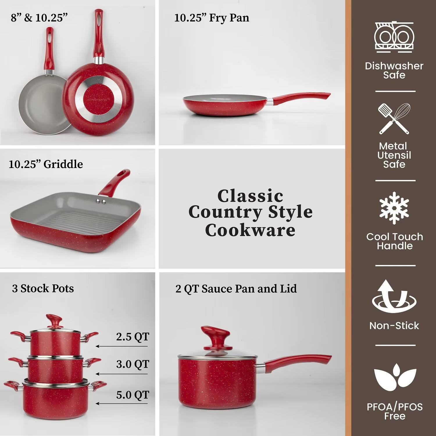 2025 Customizable Eco-Friendly 13-Piece Large Multi-Piece Non-Stick Cookware Set Classic Red Marble Coated Glass Cover