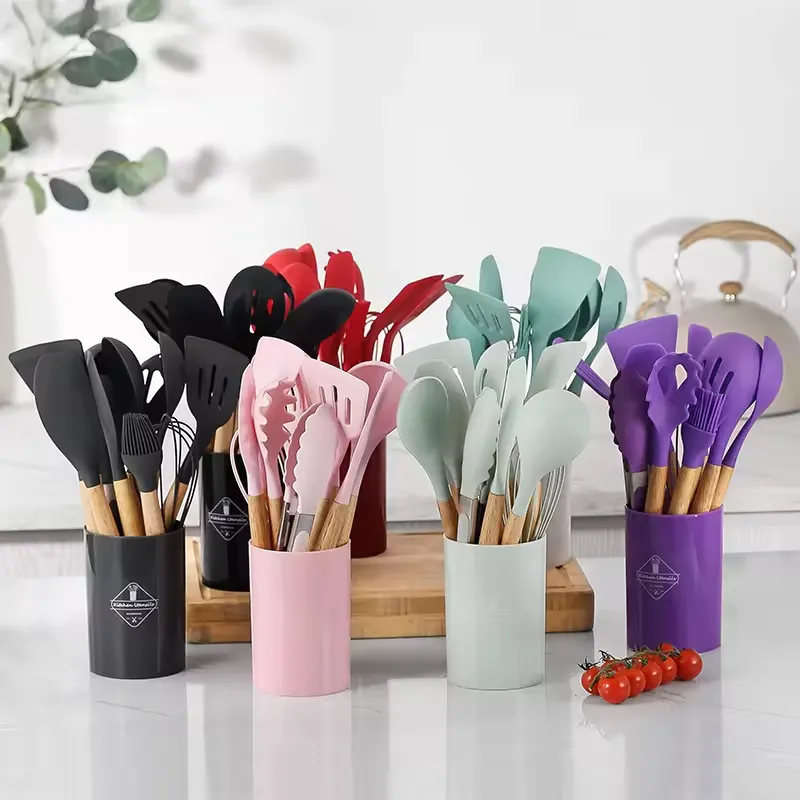 15 PCS Heat Resistant Non-Stick Kitchen Tool Cookware Silicone Cooking Utensils Sets with Stainless Steel Handle