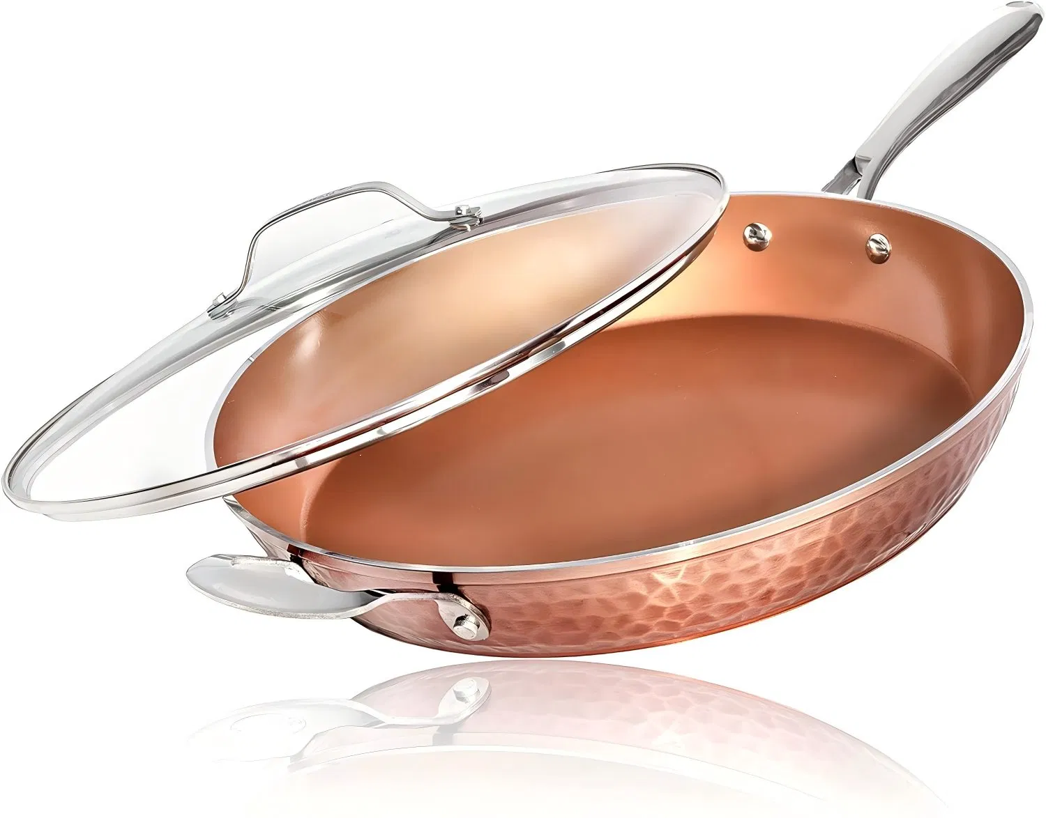 Hammered Copper 14 Inch Non Stick Frying Pan with Lid, Nonstick Frying Pan with Ceramic Coating and Induction Plate for Even Heating, Oven / Dishwasher Safe, 10