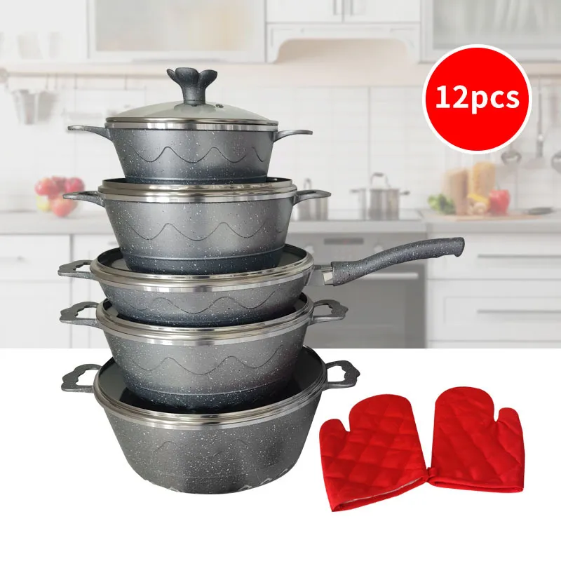 12PCS Die Cast Granite Coated Nonstick Cooking Pot Aluminum Pan Granite Coated Cookware Sets