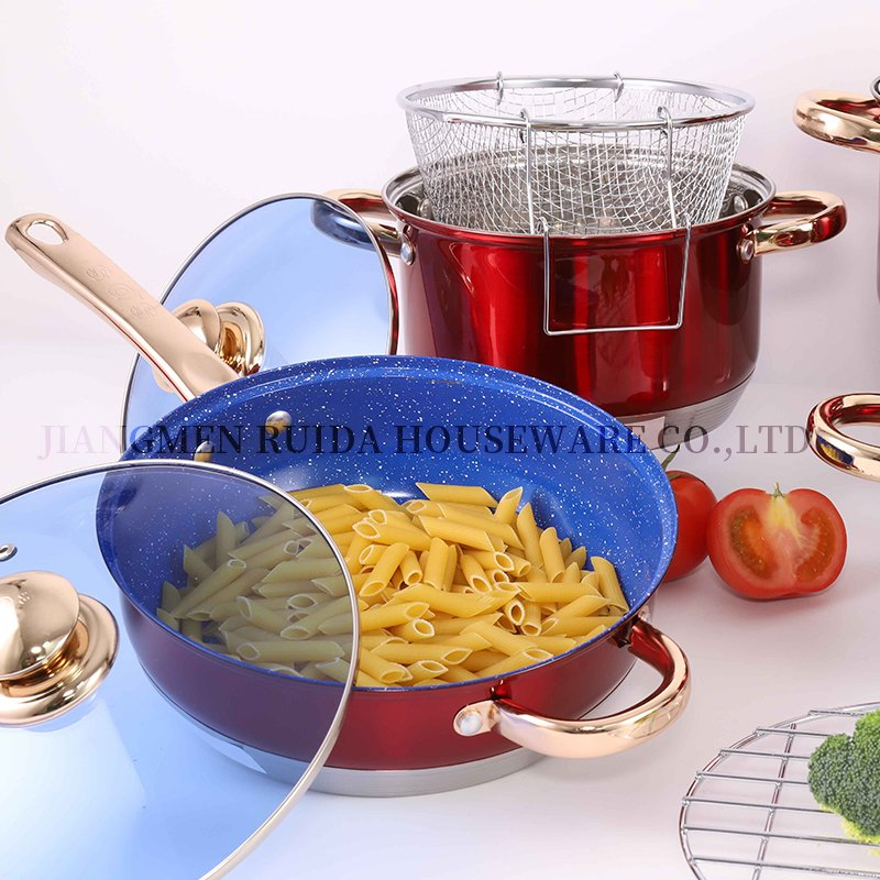 Red Mirror Polishing Copper Knob Blue Glass Lid Cookware Set