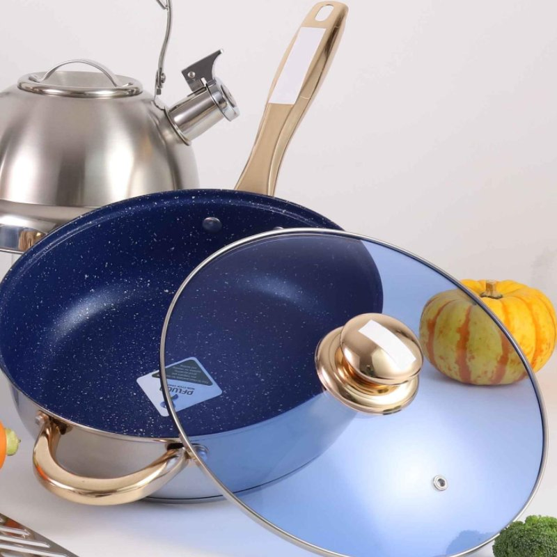 Best Selling 12PCS Blue Glass Lid Copper Handle Stainless Steel Cookware Set