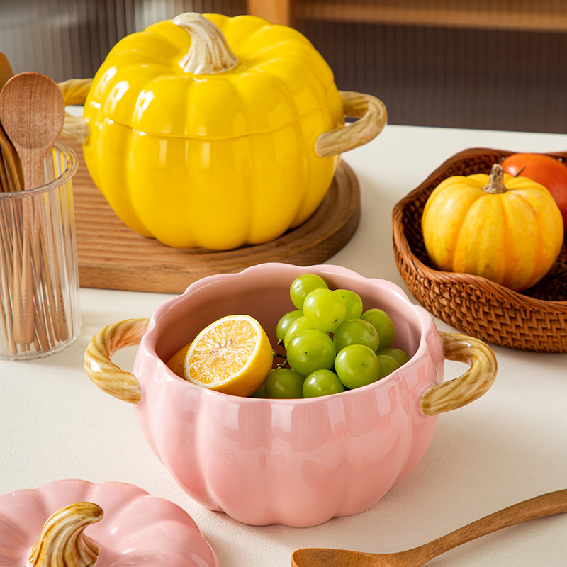 Modern Style Large Capacity Ceramic Soup &amp; Stock Pot with Lid Waterproof Tableware Pastoral Style Pumpkin Bowl Set for Home Use