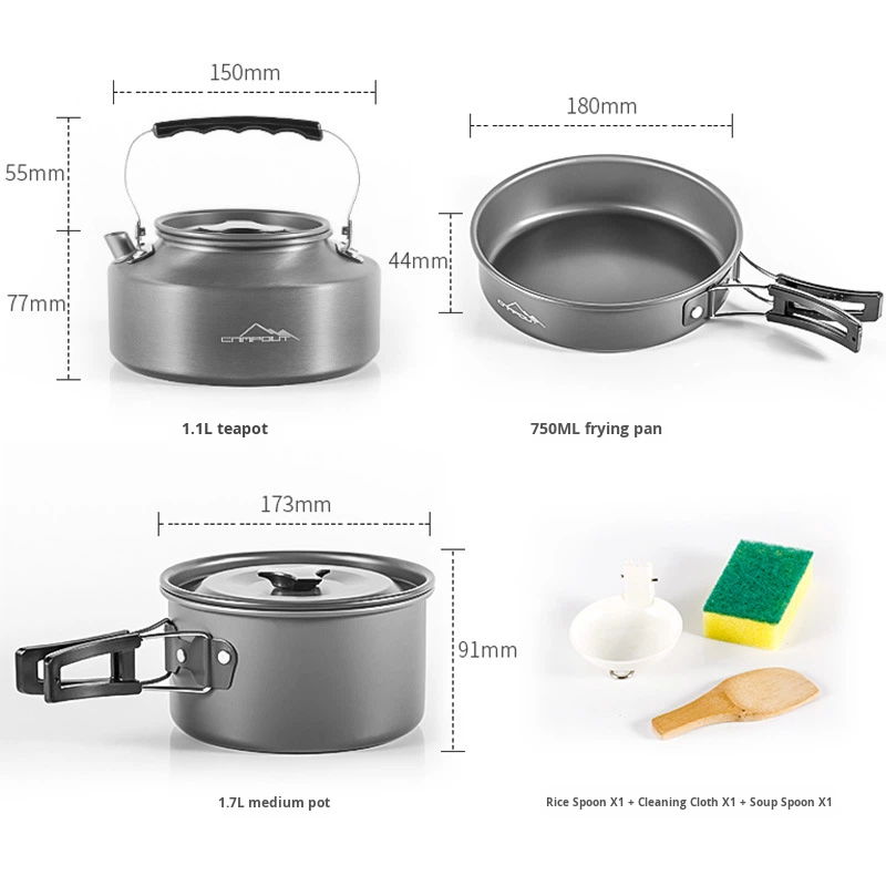 Camping Cookware Set 3-Piece Food Grade Aluminum Stackable Lightweight 800g Portable Outdoor Cooking Pot Kettle Frying