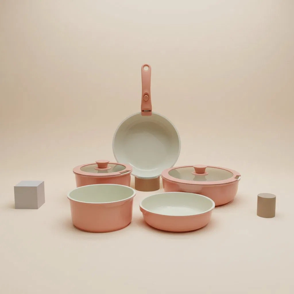 Pink Detachable Ceramic Frypan Nonstick Removable Kitchen Cooking Pot Saucepan Cookware Set