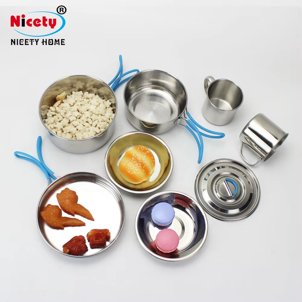 Camping Cookware Set Sus304 Cooking Pots Stainless Steel Stackable Outdoor Accept Customized Logo 9 Pcs Body and Handle Silicone