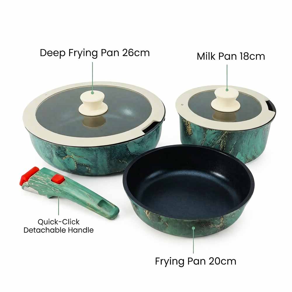 Professional 6Pcs Non-stick Malachite Green Removable Handle Induction Kitchen Custom Logo Carbon Steel Cookware Set