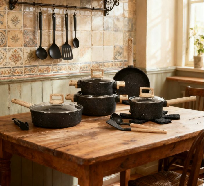 BSCI Manufacturer Ms-C Granite Black Marble Nonstick Cookware Set